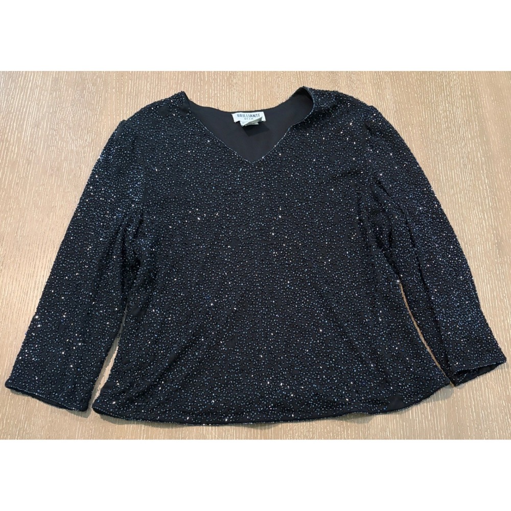 Brilliante by J.A. Women's 1X Black Beaded Sequin Long Sleeve V-Neck Party Top